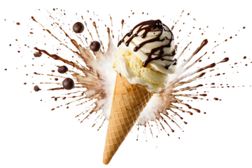An ice cream cone with scoops of vanilla ice cream, topped with red berries, explodes in a splash of creamy delight. Perfect for food blogs, summer promotions, or ice cream advertisements