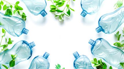 Recyclable plastic bottles arranged in circular frame with green leaves, leaving empty space in the center for text. Concept of environmental awareness, sustainable practices, and eco-friendly living