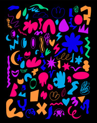 Vibrant neon abstract shapes on black background, ideal for modern design projects, digital art and creative advertising. Bold and eye-catching visual elements. Vector illustration