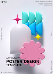 Minimalist poster design template featuring abstract 3D shapes in pastel colors, ideal for modern and creative branding projects. Vector illustration