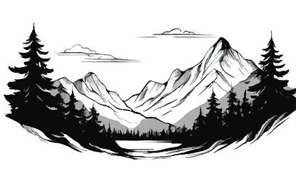 Forest and mountain vector black line illustration isolated white. Sketch art. Mountains Landscape. 