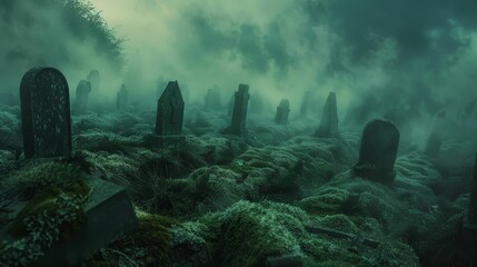 Gothic cemetery scene with mossy gravestones arranged in rows, eerie mist swirling around them at dawn