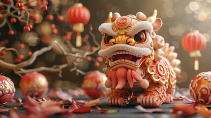 Fototapeta premium Lion Dance Performance in Chinese Festival