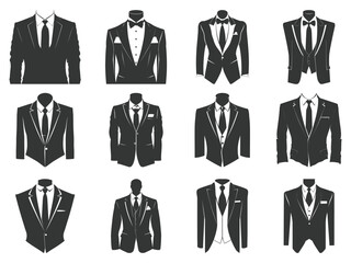 Business suits with tie silhouette set, suits tie silhouette, Flat Suit and Tie Icon, Tuxedo Silhouette, Stylish professional tuxedo.