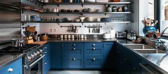 Blue kitchen interior with navy blue cabinets, white marble countertops, and a stylish backsplash