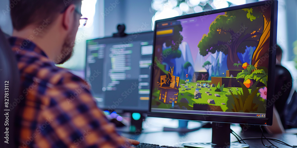 Wall mural a game developer codes a thrilling level for their new game, their imagination the only limit to wha
