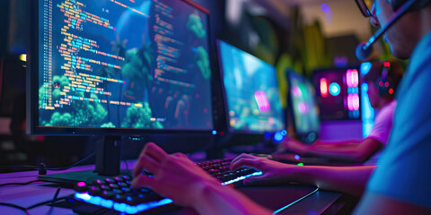 A game developer codes a thrilling level for their new game, their imagination the only limit to what they can create