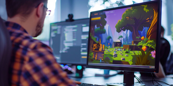 A game developer codes a thrilling level for their new game, their imagination the only limit to what they can create