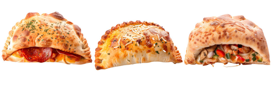 set of calzones, including pepperoni and veggie, isolated on transparent background