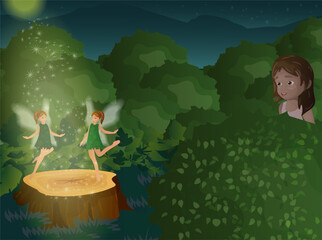 A girl watches dancing fairies in the forest at night. Illustration for a fairy tale.