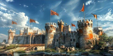 Medieval Fortress: Walls, Towers, Drawbridge, and Royal Flags. Concept Medieval Fortress, Walls, Towers, Drawbridge, Royal Flags