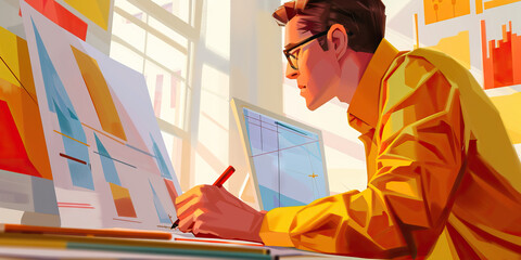 An engineer designs a revolutionary new product, their mind racing with ideas and innovative solutions