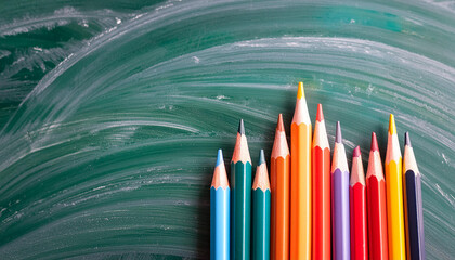 Colored pencils on green chalkboard background. Multicolored pencils for drawing. Back to school