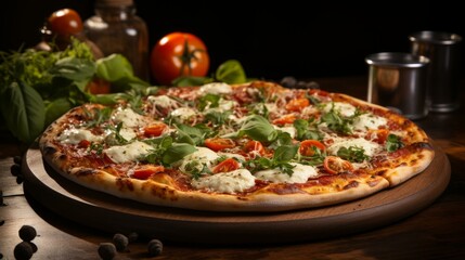 A delectable pizza topped with ripe tomatoes, fresh basil, and gooey mozzarella cheese