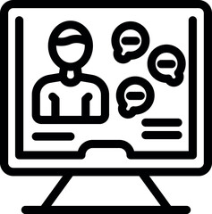 Vector illustration of online communication icon in black and white, depicting video chat bubbles on a computer screen. Perfect for web conference and social media