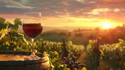 Glass of red wine resting on a rustic wine barrel, overlooking a beautiful vineyard landscape at...