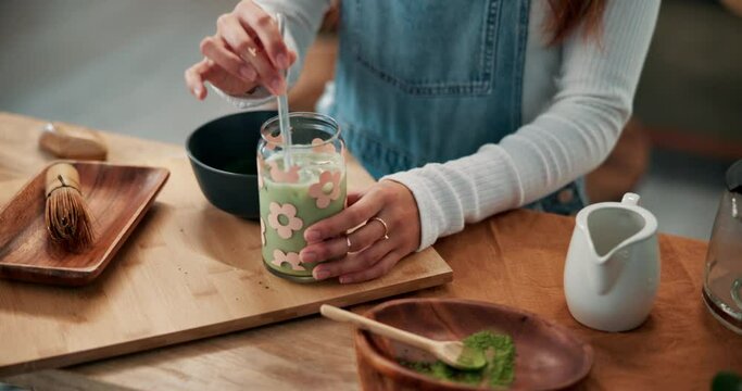 Girl, health and matcha for drink or hands stir for nutrition or energy boost in morning, routine and wellness for weight loss, Female nutritionist and home with green tea, protein and organic shake.