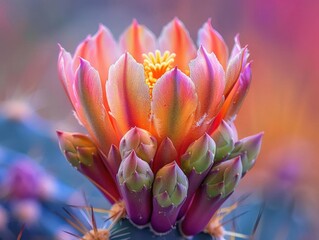 Close-up of a vibrant cactus flower in full bloom, showcasing the intricate details and vivid colors of the petals against a blurred background.