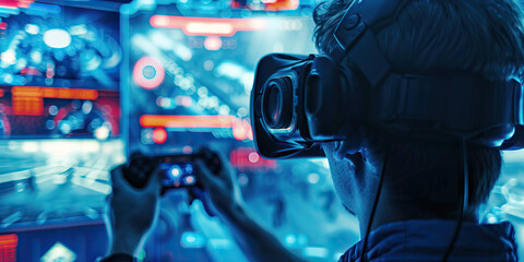 A gamer dominates the digital battlefield, their reflexes honed by hours of practice as they navigate through a futuristic virtual world