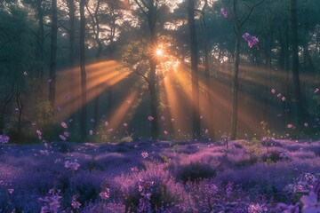 The sun is coming across the purple woods in a forest