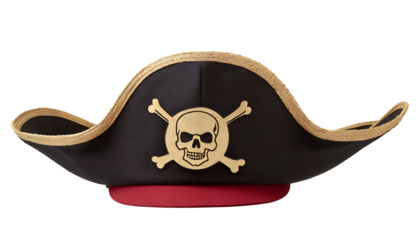 A black pirate hat with a gold skull and crossbones emblem on the front and gold trim around the brim. Perfect for costume parties, Halloween, or pirate-themed events.