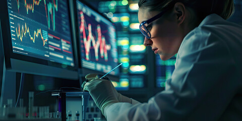 A scientist beams data from a high-tech lab instrument to a computer, their work illuminated by the glow of the monitors