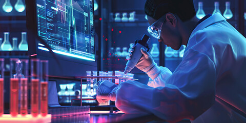 A scientist beams data from a high-tech lab instrument to a computer, their work illuminated by the glow of the monitors