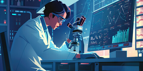 A scientist beams data from a high-tech lab instrument to a computer, their work illuminated by the glow of the monitors