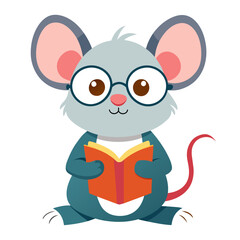 Adorable cubby dairy mouse with glasses, sitting and read the book, whole body view, cute smiling face