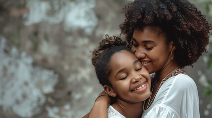Fototapeta premium copy space, stockphoto, Happy african american mother and daughter smiling and hugging, parents day theme. Happy black mother and daughter posing, parent’s day mockup.