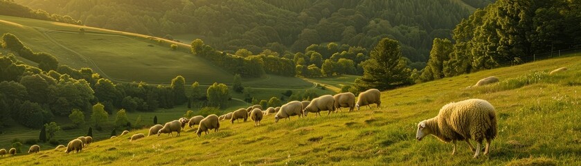 Obraz premium Free-range sheep grazing on a hilly pasture, symbolizing sustainable farming practices