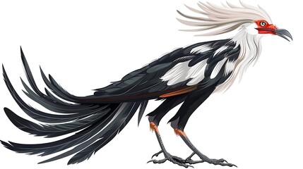 Elegant secretary bird with detailed feathers isolated on white.