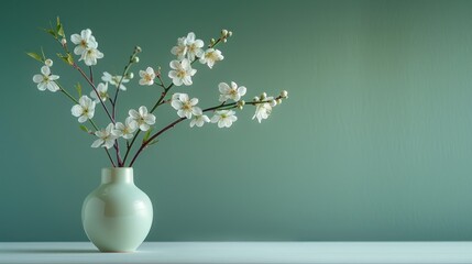 A minimalistic floral arrangement with a green background, emphasizing simplicity and elegance. The delicate flowers bring a touch of nature, creating a calm and inviting mood. The ample copy space