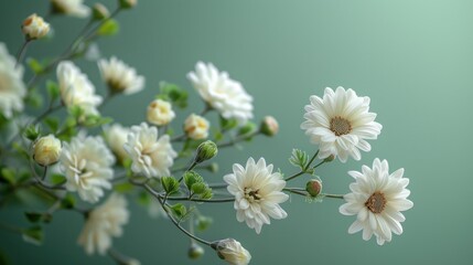 A minimalistic floral arrangement with a green background, emphasizing simplicity and elegance. The delicate flowers bring a touch of nature, creating a calm and inviting mood. The ample copy space