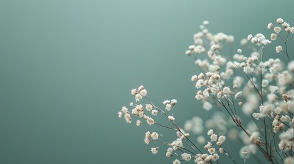 A minimalistic floral arrangement with a green background, emphasizing simplicity and elegance. The delicate flowers bring a touch of nature, creating a calm and inviting mood. The ample copy space