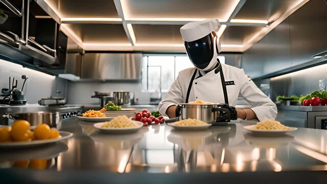 A robot chef in a kitchen prepares food with tableware, following a recipe