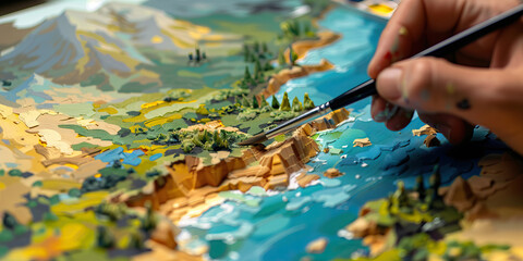 An artist meticulously paints a detailed digital landscape on a virtual canvas, their creativity flowing freely as they bring their vision to life