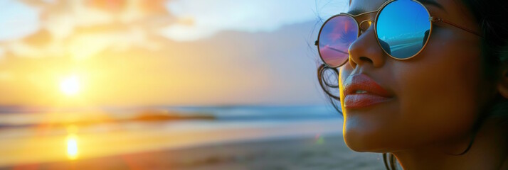 Close-up of Indian woman with sunglasses at sunset, concept of summer vacation and relaxation, background with copy space