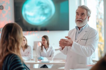 Obraz premium Doctor giving lecture with students, concept of medical education and knowledge sharing