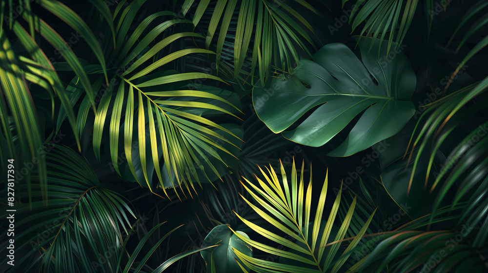 Wall mural dark green tropical leaves background