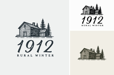 wooden villa lodge rural log cabin rustic village house in the pine forest woods logo vintage classic illustration design