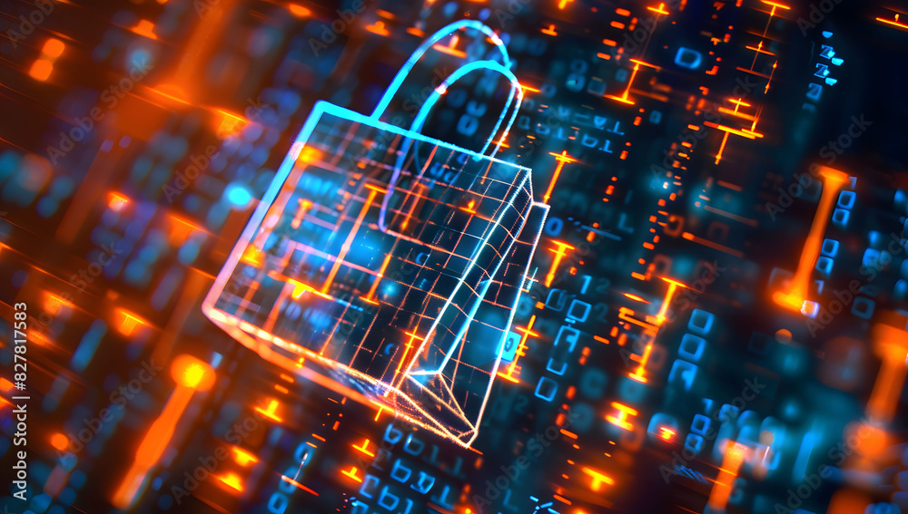 Poster digital data background with a glowing shopping bag icon and code, symbolizing cyber security in onl