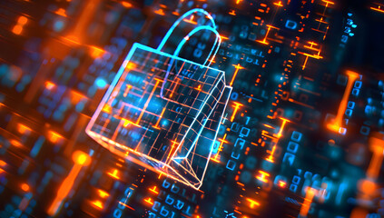 Obraz premium Digital data background with a glowing shopping bag icon and code, symbolizing cyber security in online retail and the importance of secure transactions and data protection in e-commerce.