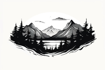 Black and white Mountain illustration background. Mountain landscape. Mountain range silhouette isolated vector illustration with pine trees around. 