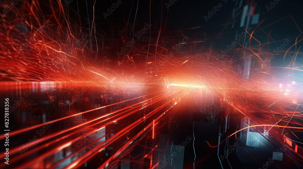 Poster Abstract technology burst with glowing wires and particles in motion. Technology and science dynamic background.
