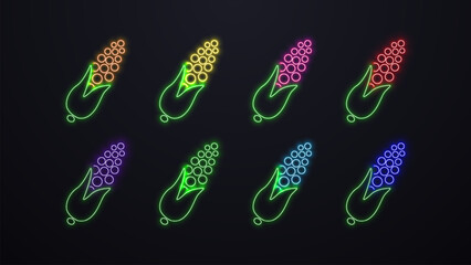 Neon corn swing icon in different bright colors on a dark background.