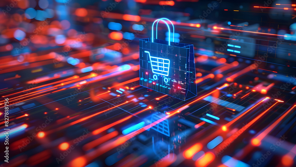 Poster digital data background with a glowing shopping bag icon and code, symbolizing cyber security in onl