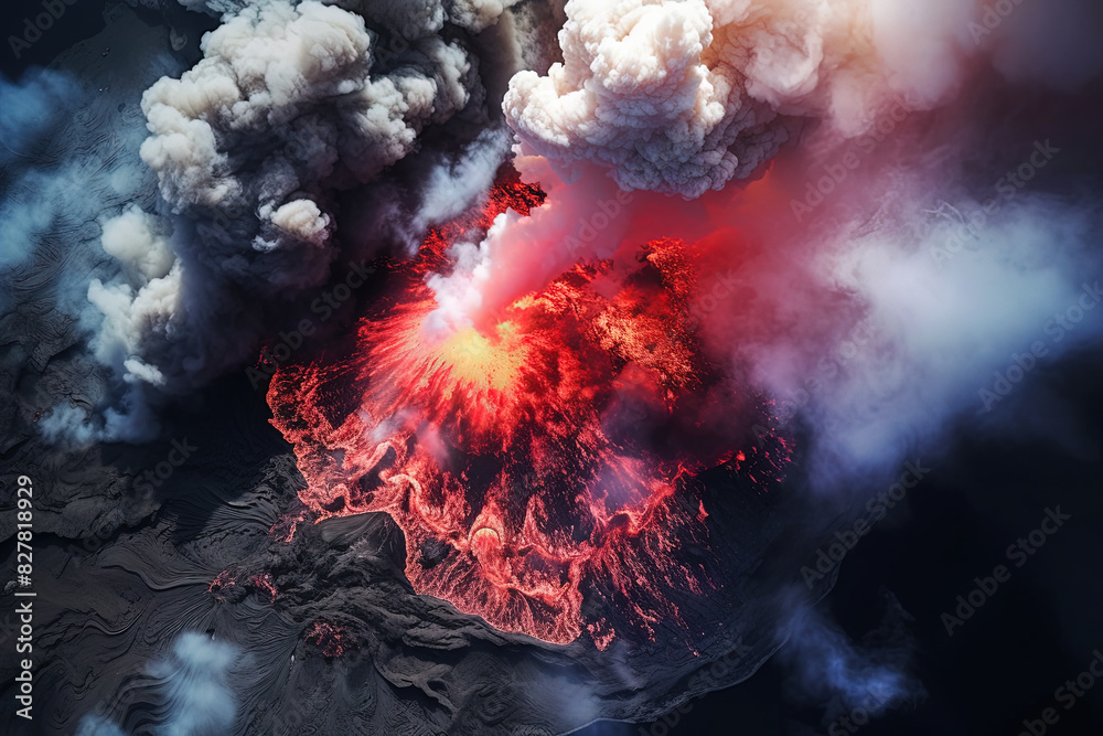 Wall mural volcano eruption from a bird view. volcano crater and magma flow shot from above. genertated ai.