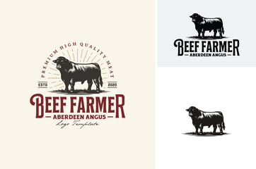 Black Aberdeen Angus Silhouette for Beef Cattle Farm Ranch Livestock or Premium Quailty Meat or Butchery label logo design