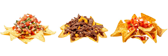 set of nachos, including beef and cheese, isolated on transparent background
